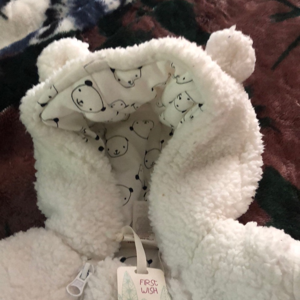 First Wish White Fleece Baby Snowsuit with Bear Print - Picture 2 of 5